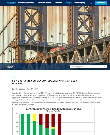 S&P 500 EARNINGS SEASON UPDATE: APRIL 17, 2020 EARNINGS By John Butters | April 17, 2020