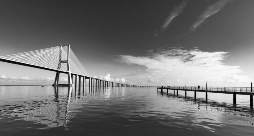 grayscale photo of wooden dock on water