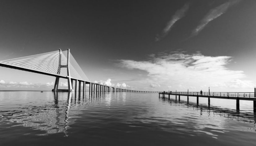 grayscale photo of wooden dock on water